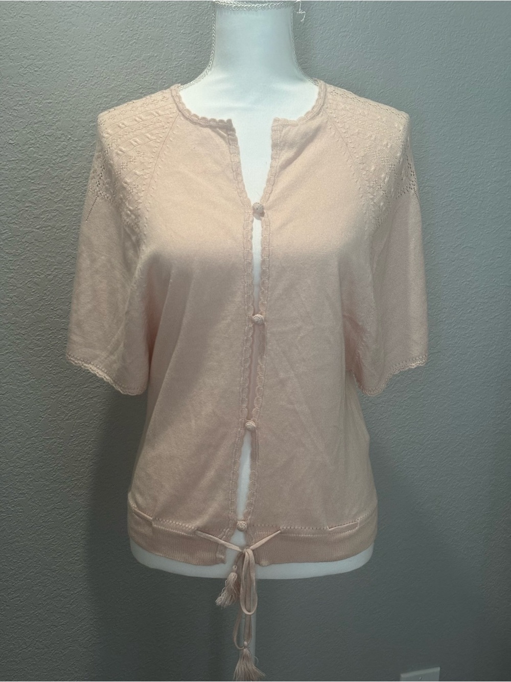 Light Pink/Soft Peach Short-Sleeve Knit Cardigan with Tie Detail